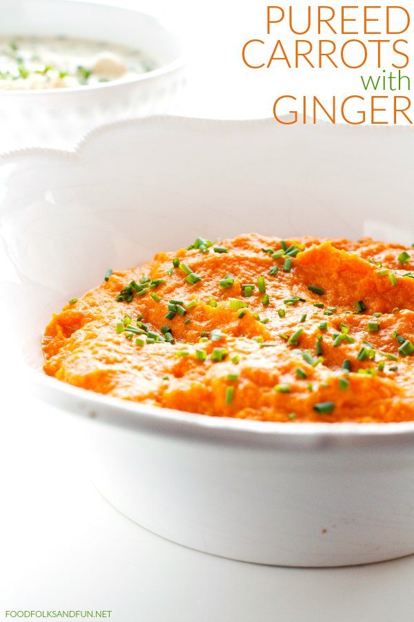 Carrot Puree with Ginger in a white serving bowl. 