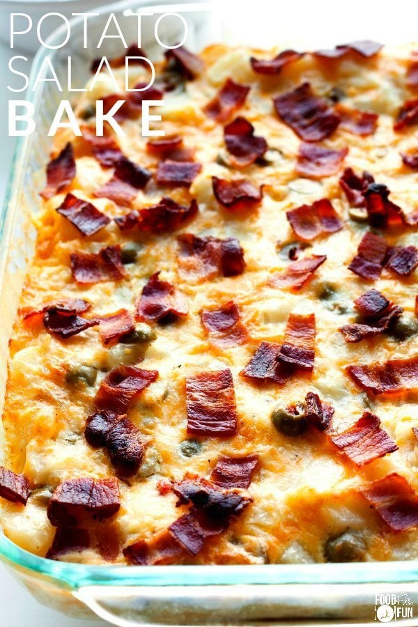 The finished potato salad bake with text overlay for Pinterest.
