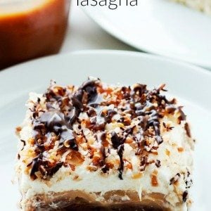A slice of Samoa Dessert Lasagna on a plate with text overlay for Pinterest