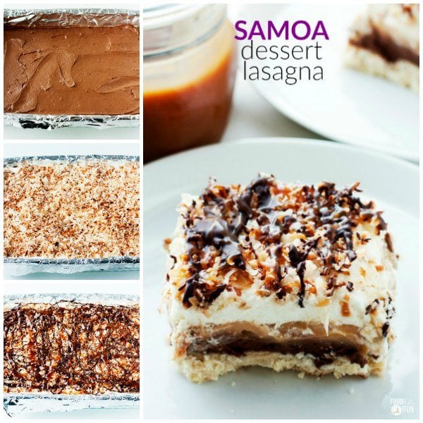 A collage of Samoa dessert lasagna with text overlay for Pinterest