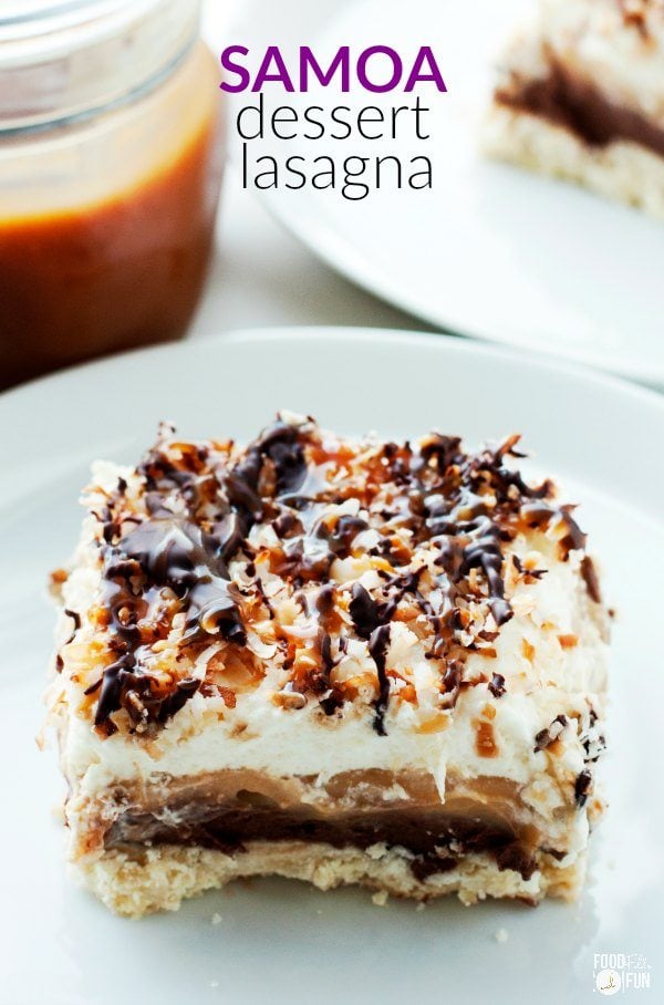 A slice of the dessert lasagna on a white dessert plate. 