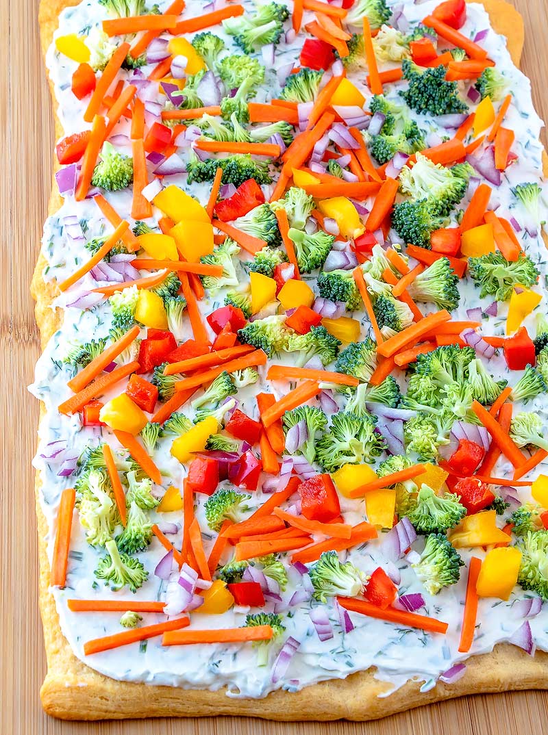 Crescent Roll Veggie Pizza with ranch dressing and lots of fresh vegetables.