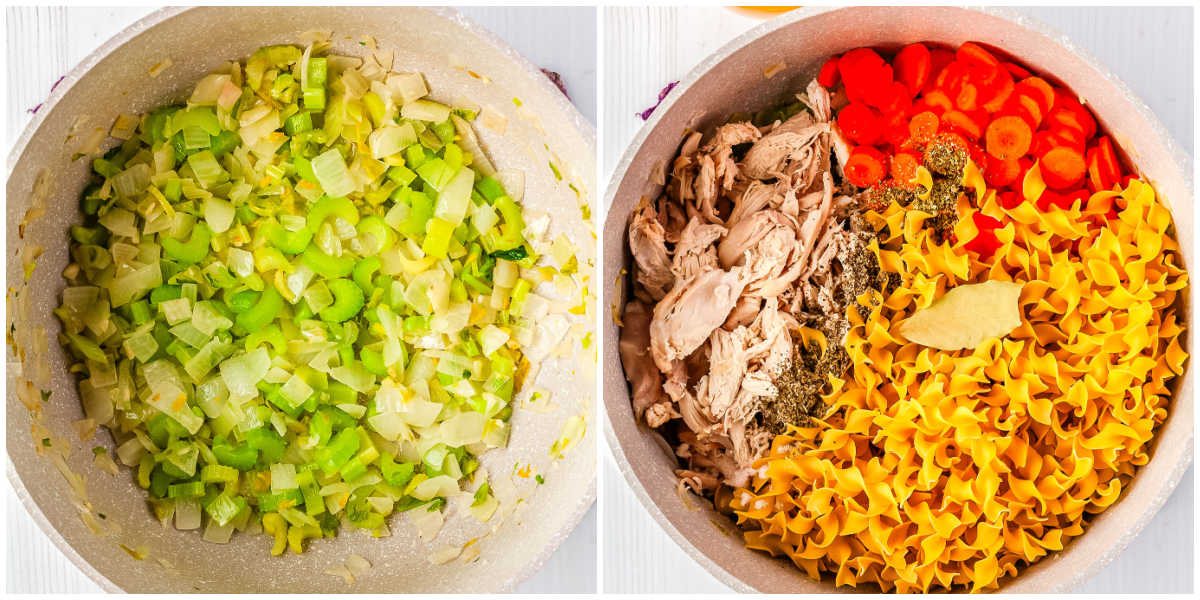 A collage showing the first steps of making rotisserie chicken noodle soup: sauteing diced onions and celery in a pot, and adding shredded chicken, sliced carrots, and dry egg noodles to the mix.