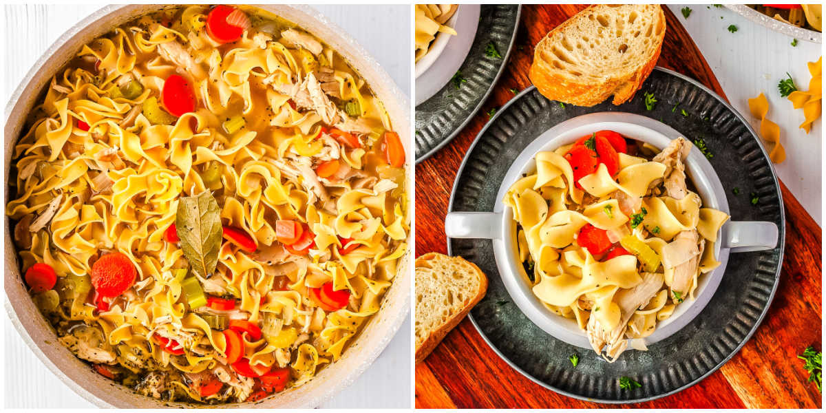 A collage showing the finished rotisserie chicken noodle soup simmering in a large pot next to a single serving of the soup in a green bowl.