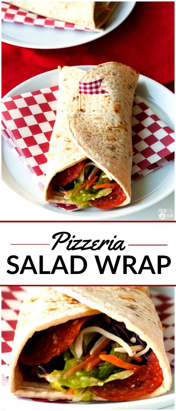 A collage of Pizzeria Salad wrap with text overlay for Pinterest