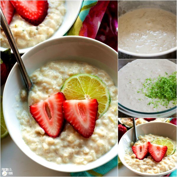 A collage of making lime rice pudding with strawberries 