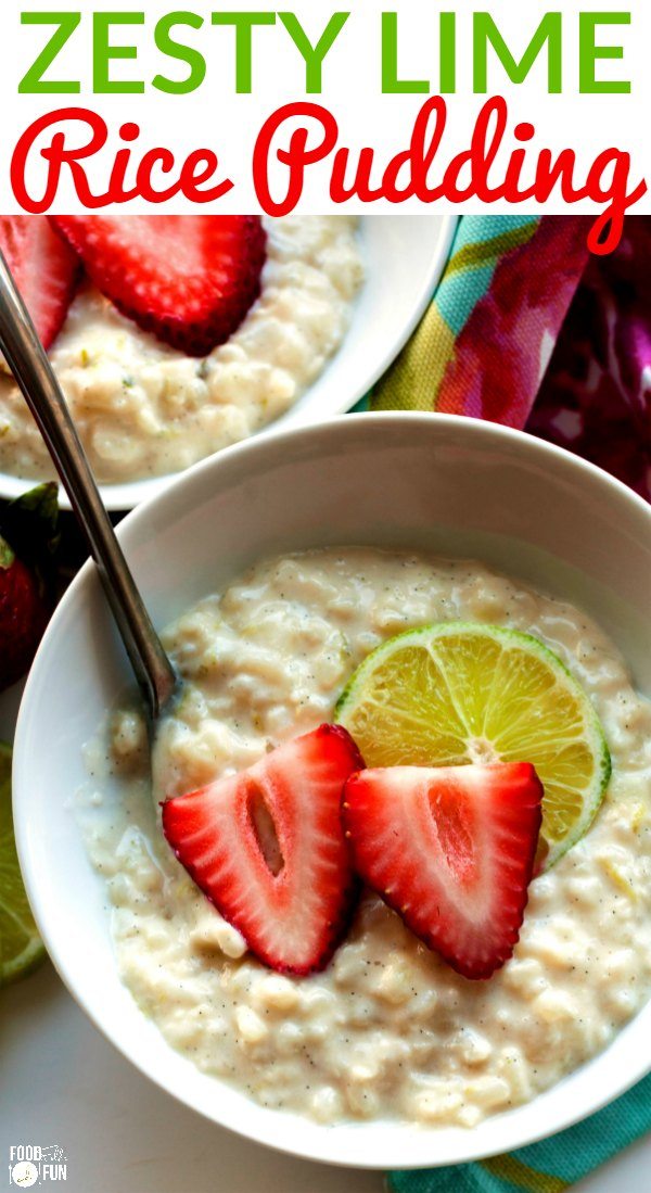 A bowl of Zesty lime rice pudding with strawberries