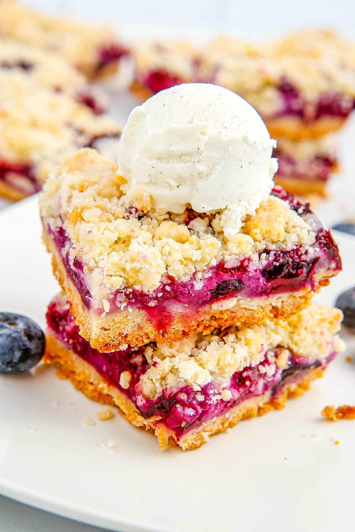 Two Blueberry Crumb Bars with a scoop of ice cream on top.