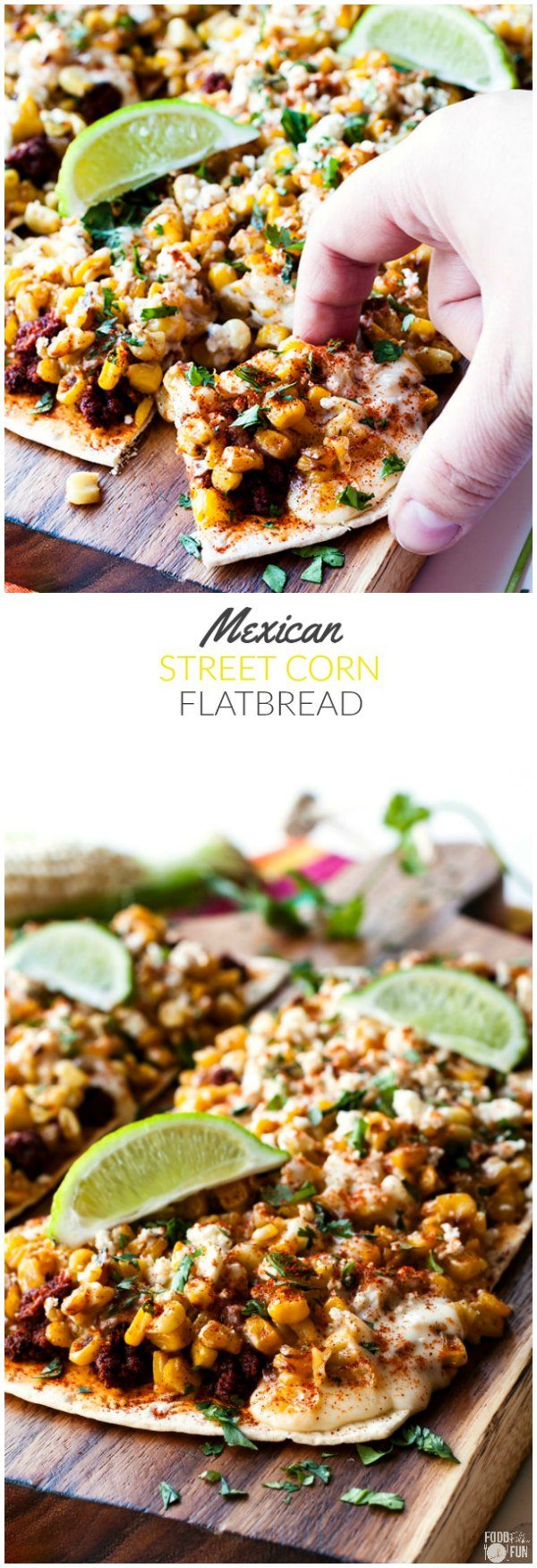 A collage of Mexican Street Corn Flatbread Pizza with text overlay for Pinterest