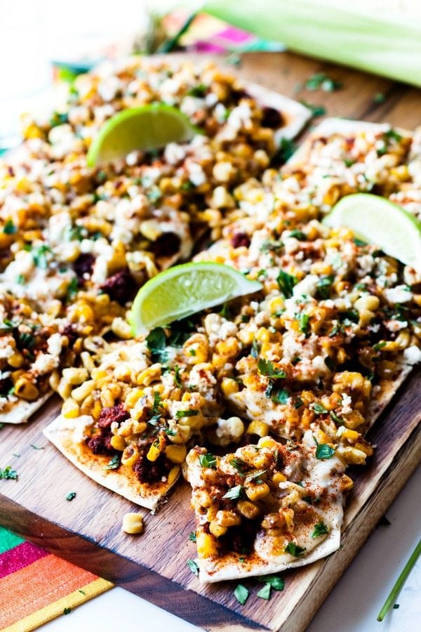 Mexican Street Corn Flatbread on a cutting board