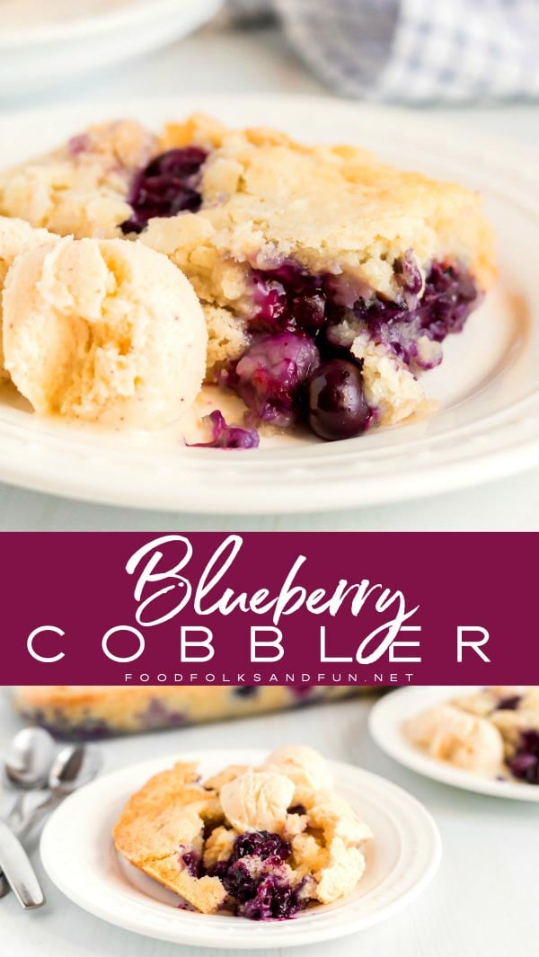 Picture collage of blueberry cobbler on white plates.