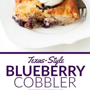 A slice of Texas Blueberry Cobbler with text overlay for Pinterest.