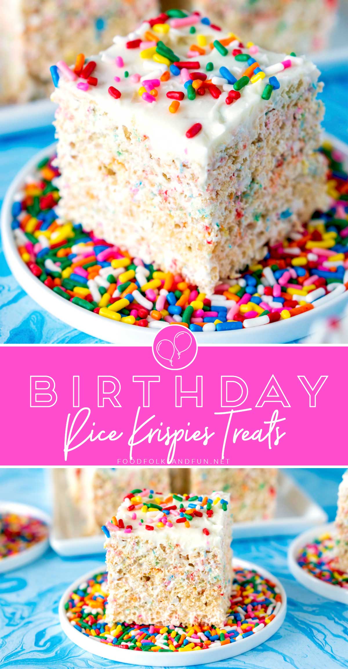 This Birthday Rice Krispies Treats recipe is made with loads of marshmallows, sprinkles, and frosting! They're huge, gooey, and perfect for birthdays! #Birthday #BirthdayTreat #BirthdayDessert #Dessert #BirthdayRecipe #DessertRecipe #RiceKrispiesTreats #FoodFolksandFun via @foodfolksandfun