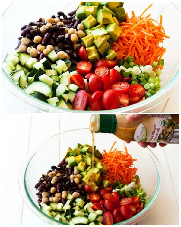 The salad ingredients in a bowl before they're tossed.