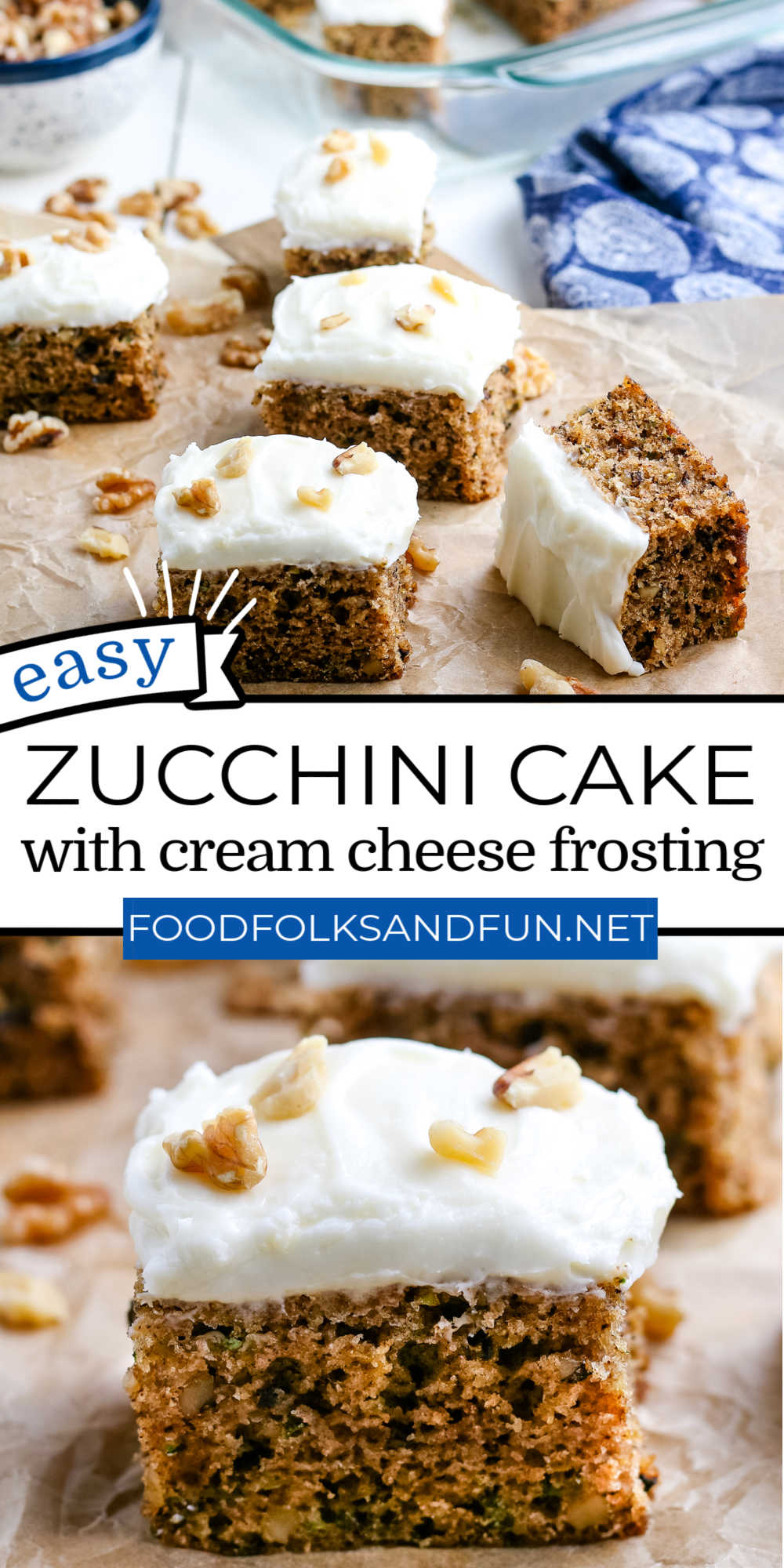 This Zucchini Cake With Cream Cheese Frosting is a simple from-scratch recipe with all the essential elements: a spiced, moist cake with zucchini throughout and fluffy cream cheese frosting. via @foodfolksandfun