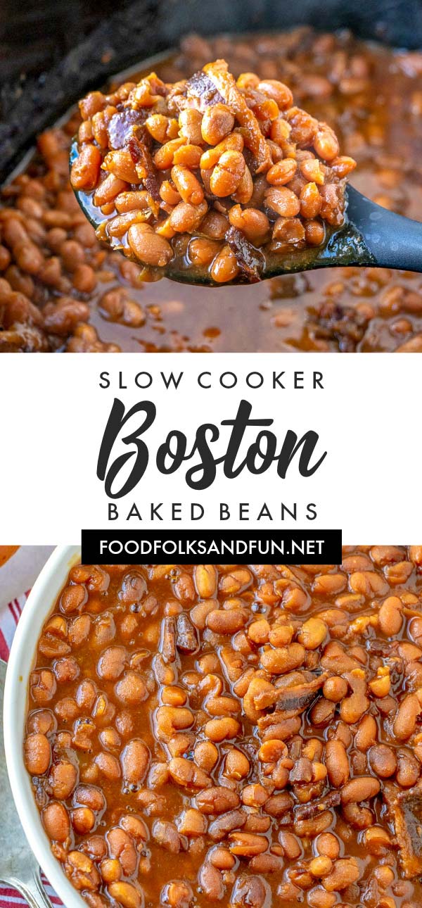 Picture collage of Boston Baked Beans with text overlay for Pinterest. 