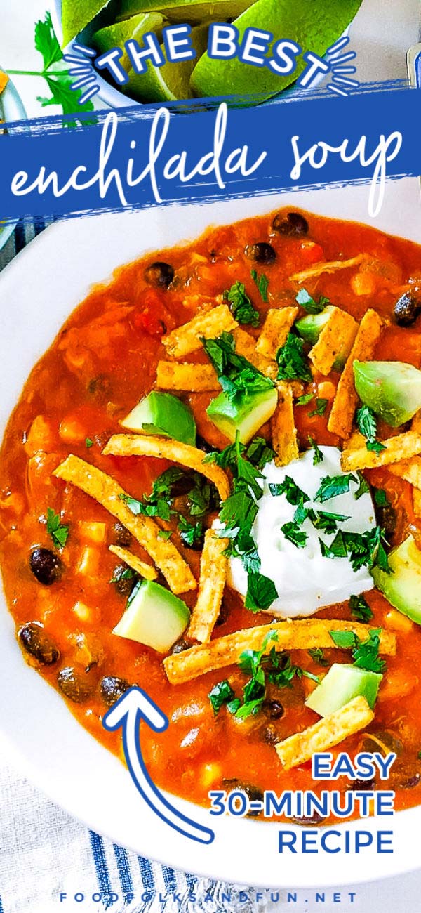 This quick and easy Chicken Enchilada Soup recipe is cheesy, thick, and loaded with black beans, corn, tomatoes, green chile, and cheese! The best part is that it’s ready in 30 minutes or less! This recipe serves 6 and costs just $1.81 per serving!  via @foodfolksandfun