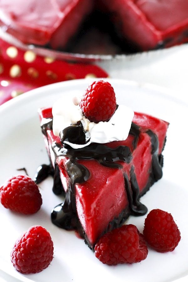 Oreo cookie crust, rich hot fudge, and luscious raspberry sorbet pair perfectly to make this Frozen Chocolate Raspberry Pie truly divine!