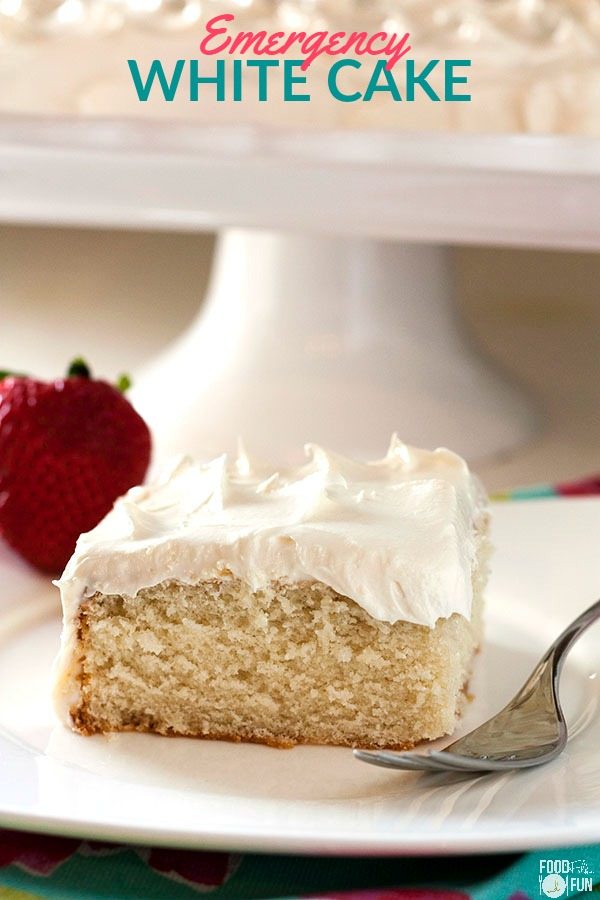 A piece of White Cake on a plate with text overlay for Pinterest
