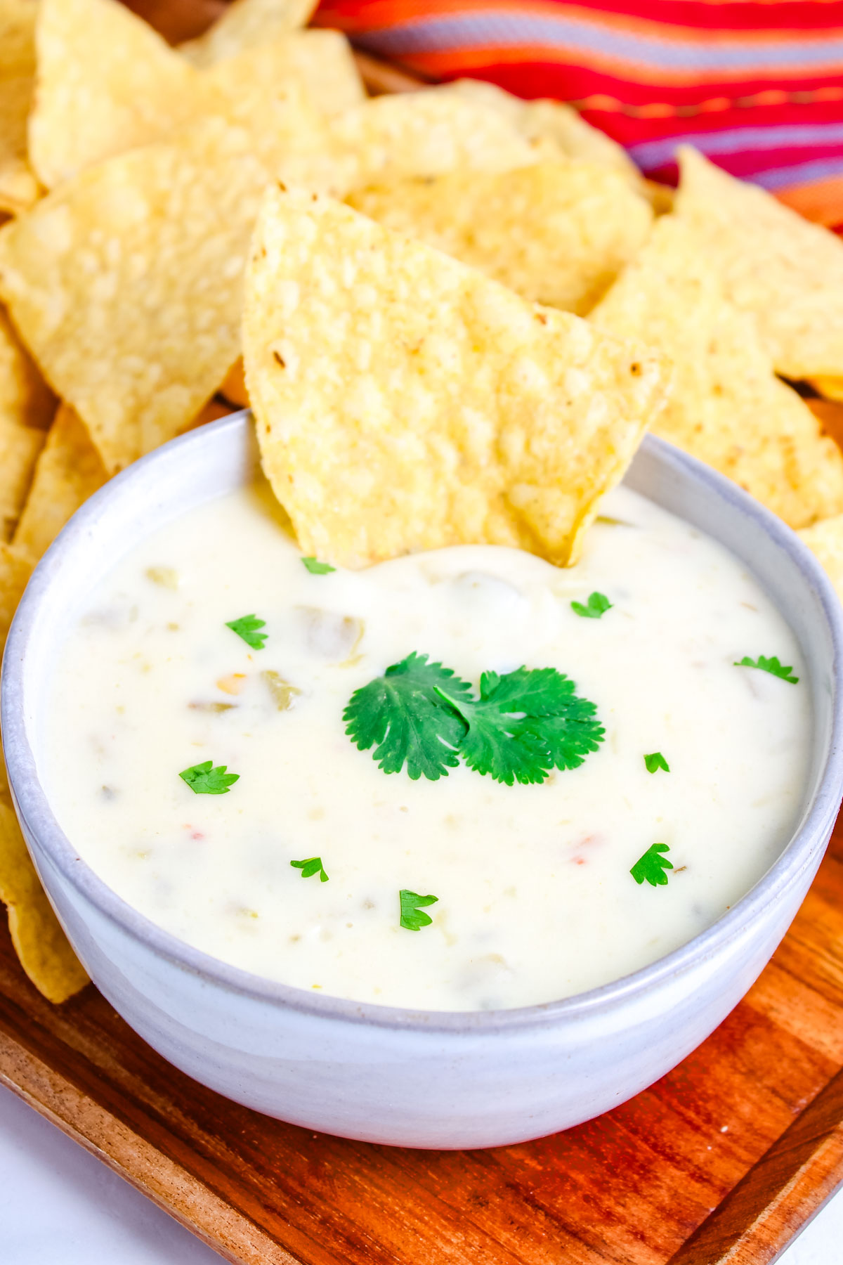 White queso dip topped with cilantro served with tortilla chips.