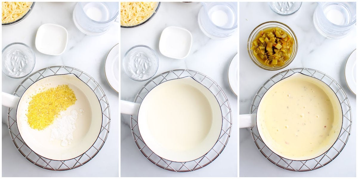 Half and half, cornstarch, and bouillon whisked together in a saucepan. Milk mixture heating in a saucepan for white queso dip.