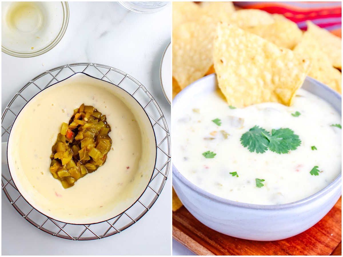 White queso base simmering in a saucepan before adding cheese. Green chiles added to white queso dip in a saucepan.