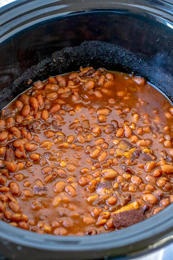 Finished slow cooker Boston Baked Beans.