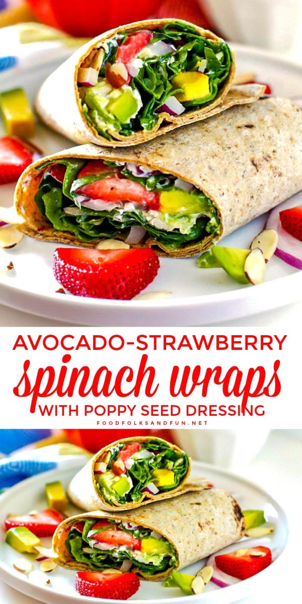 These easy Strawberry Spinach Wraps are loaded with veggies, chicken, almonds, goat cheese, strawberries, and zesty poppy seed dressing. via @foodfolksandfun