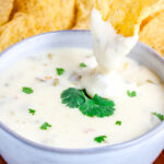 Creamy white queso dip served warm with tortilla chips.