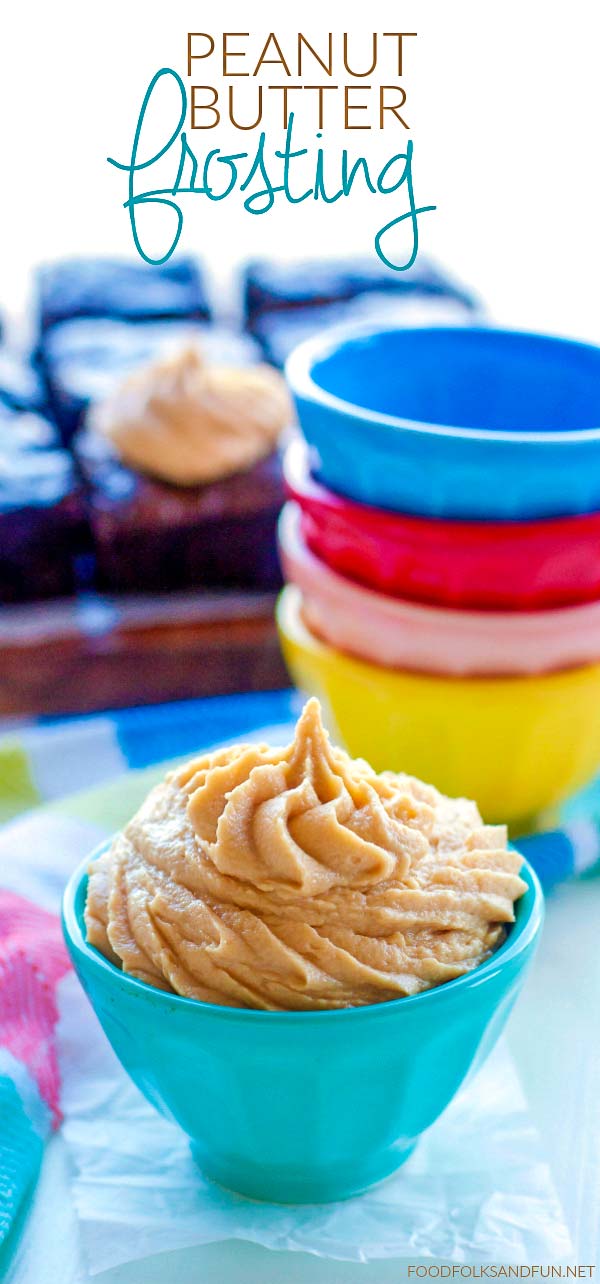 Peanut butter buttercream piped into a bowl and on brownies.