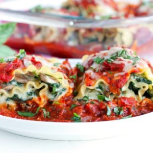 Lasagna Roll-ups with mushrooms and spinach on a plate