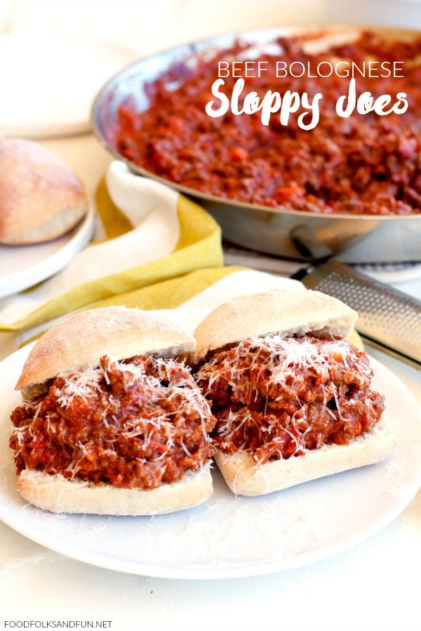 2 beef bolognese sloppy joes on a plate.   Pork Bolognese Sloppy Joes Beef Bolognese Sloppy Joes Recipe