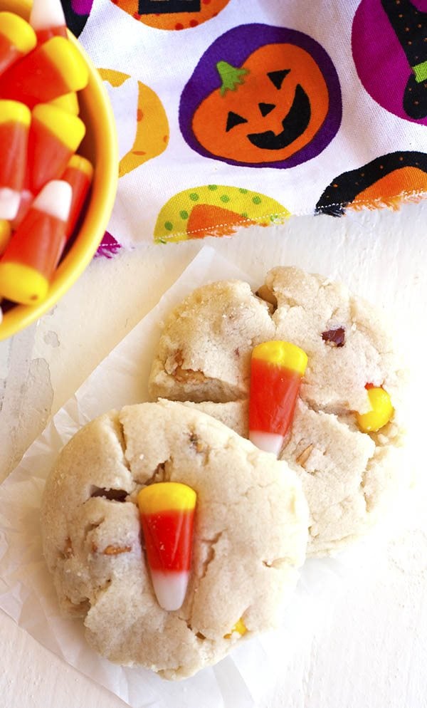  An overhead picture of two Candy Corn Cookies.