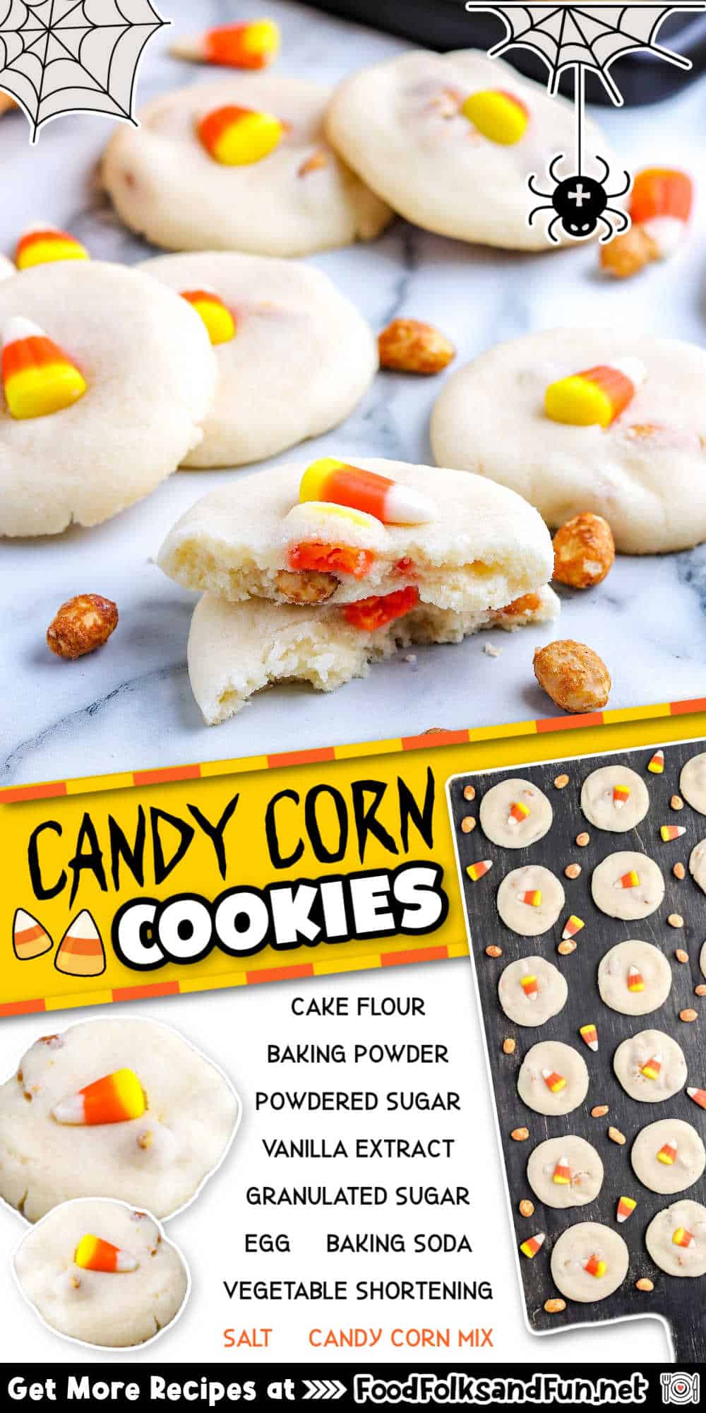 These sweet and salty candy corn cookies are the perfect fall treat for when you want something besides pumpkin or apple flavors! They’re easy to make in bulk and great for parties and potlucks. 

This recipe makes 48 servings and costs about $10.49 to make. That’s just $0.22 per serving.  
People tend to have a love/hate relationship with candy corn. You may not love it plain, but add a salty ingredient to the mix, and it becomes over-the-top delicious, like in my Candy Corn and Peanuts. These Candy Corn Cookies are no different. They are perfectly sweet, salty, chewy, and slightly crispy around the edges.
 
Don’t reserve these cookies just for autumn, though. You can quickly adapt the base sugar cookie recipe to make this cookie work year-round. I’ve included fifteen variations on the recipe for you to enjoy on any occasion!
 via @foodfolksandfun