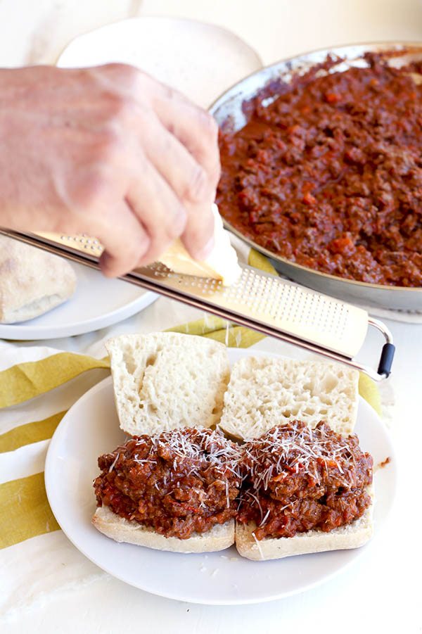 Process shot of making Beef Bolognese Sloppy Joes