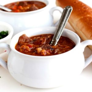 Slow Cooker Beef and Barley Soup in a soup bowl