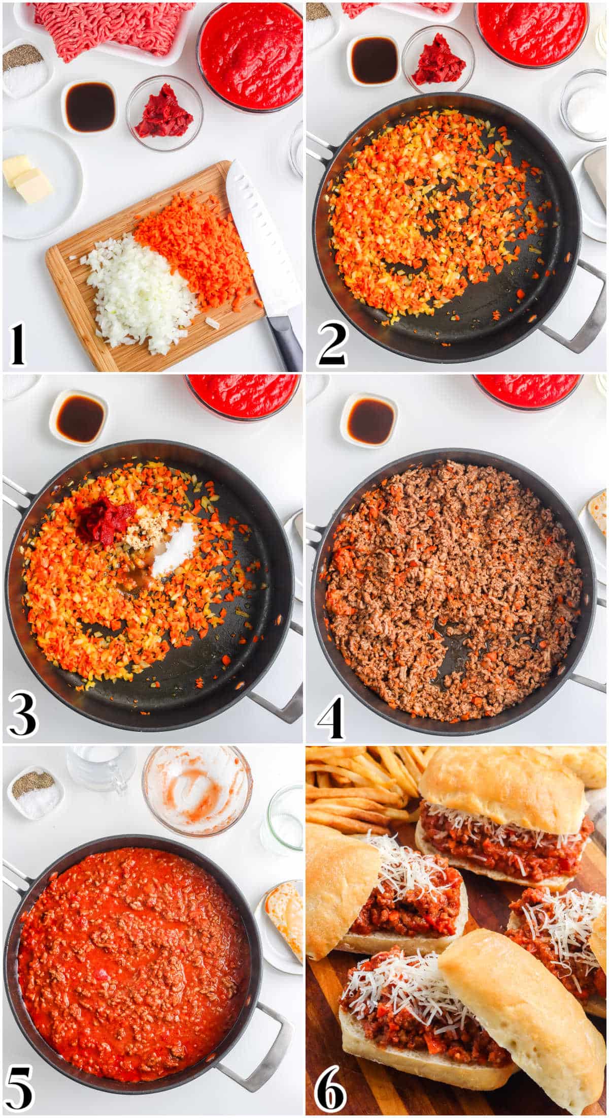 A picture collage showing how to make this recipe, from prepping the ingredients to placing the meat mixture on ciabatta rolls.