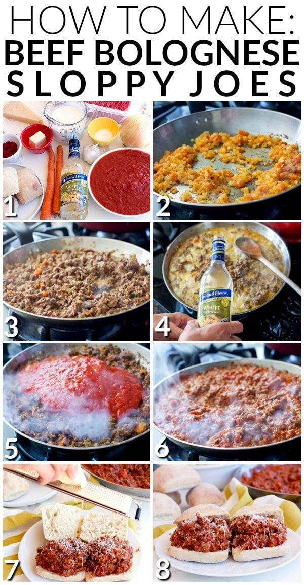 Picture collage of how to make beef bolognese sloppy joes. 