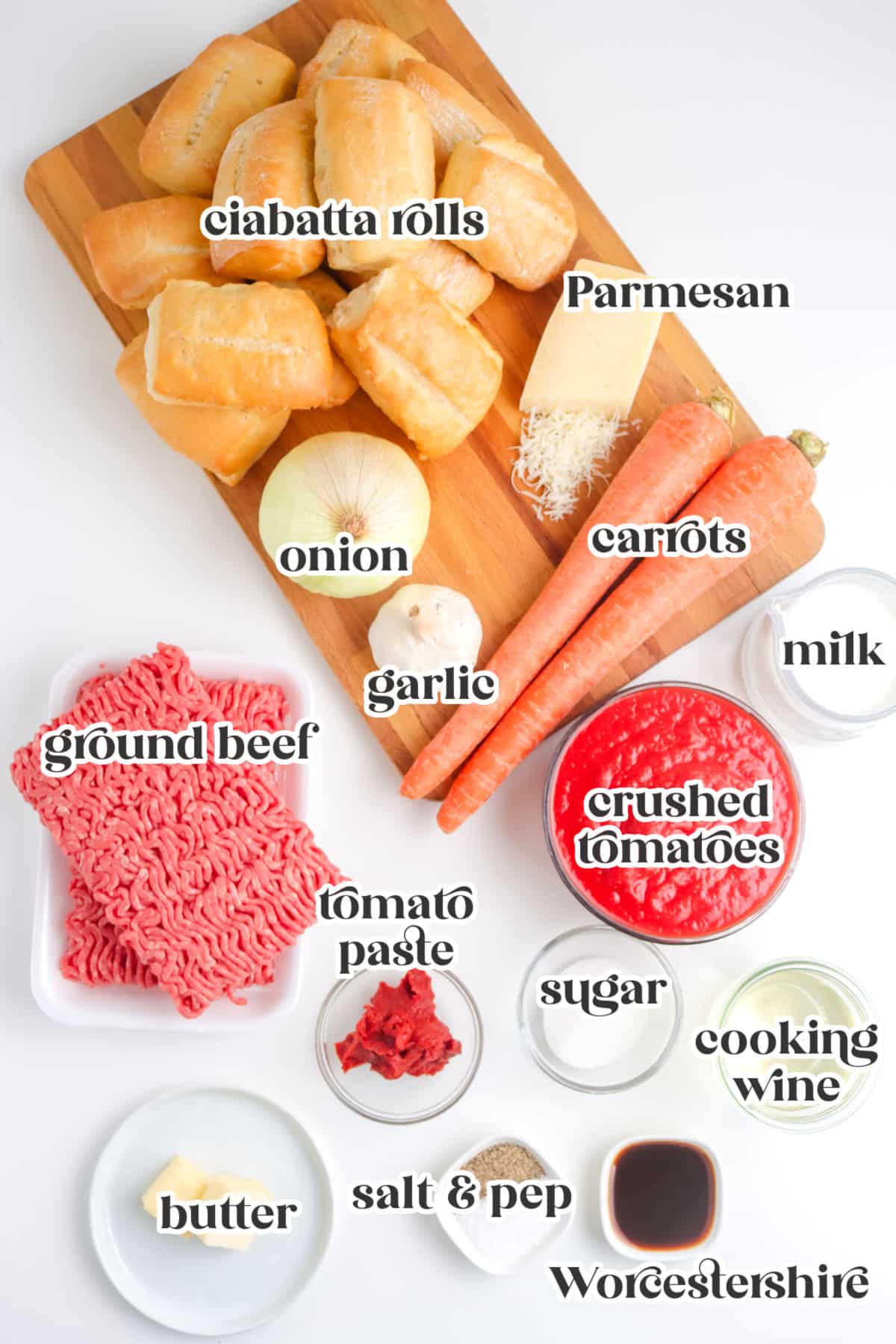 A picture of all the ingredients to make this recipe, and they're labeled with text overlay.