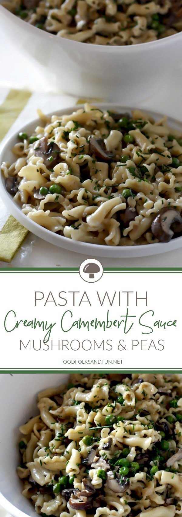 A picture collage of the finished mushroom pasta with text overlay for Pinterest. 