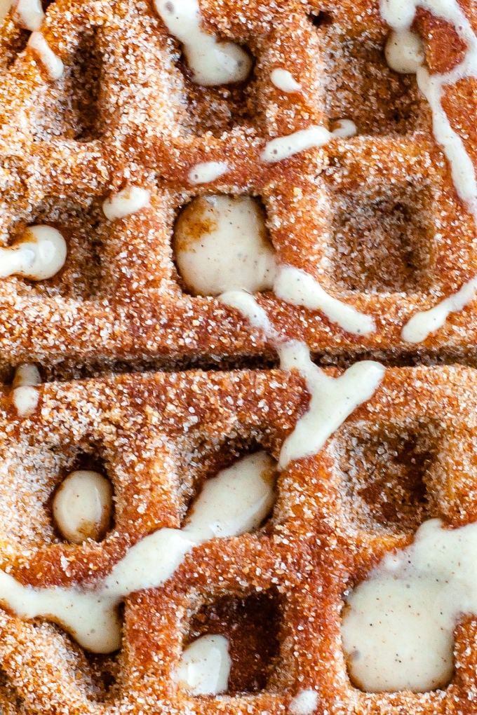 These Pumpkin Churro Waffles are crisp on the outside and creamy on the inside, almost soufflé-like. They’re coated with spiced sugar and drizzled with a spiced cream cheese glaze. via @foodfolksandfun