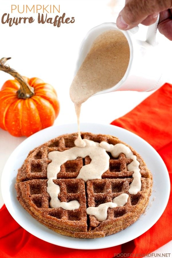 These Pumpkin Churro Waffles are crisp on the outside and creamy on the inside, almost soufflé-like. They’re coated with spiced sugar and drizzled with a spiced cream cheese glaze. via @foodfolksandfun