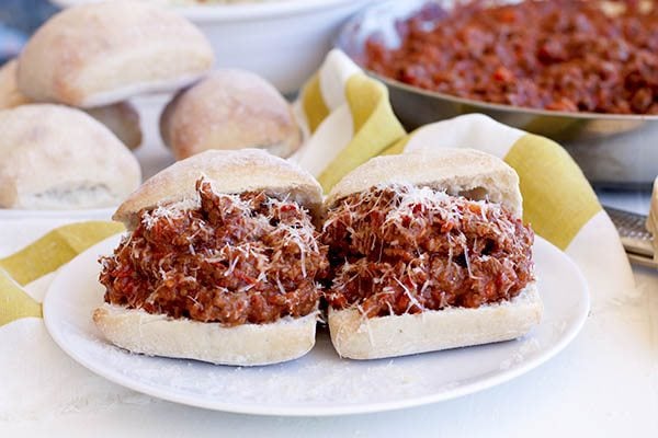 Two Beef Bolognese Sloppy Joes on a plate