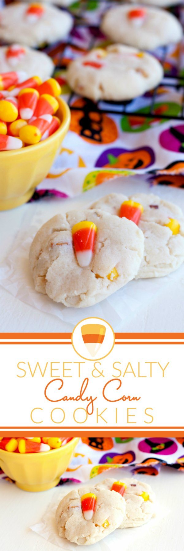Sweet and Salty Candy Corn cookies with text overlay for Social Media