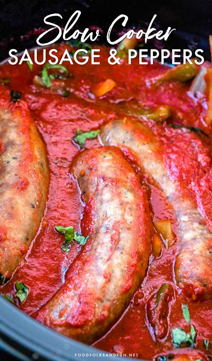 Finished Slow Cooker Sausage and Peppers with text overlay for Pinterest. 