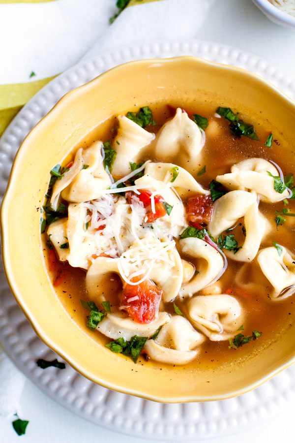 A close-up of Tortellini Soup in a bowl