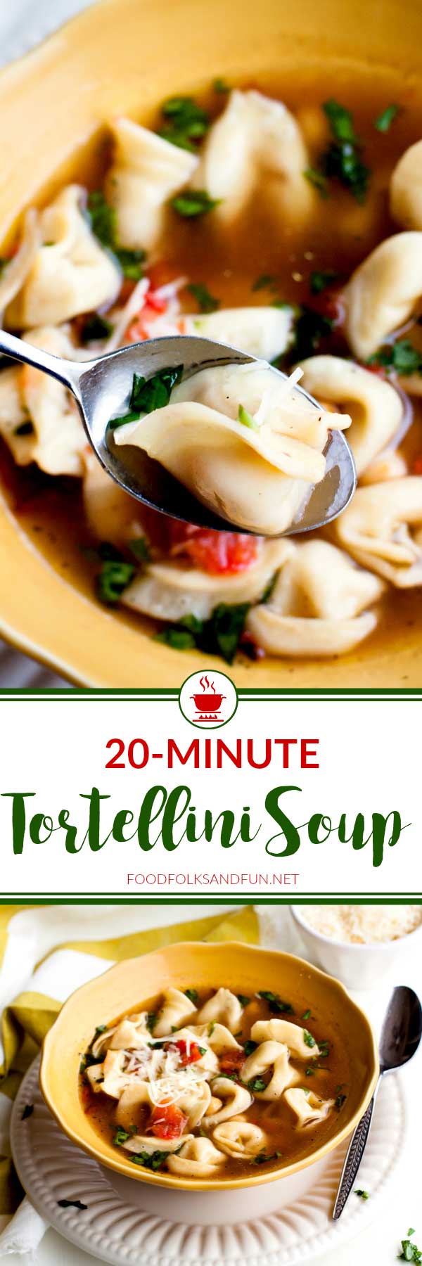20-Minute Tortellini Soup is a great cold-weather recipe for easy weeknight dinners. It’s not only delicious and easy to make, but it’s also economical, too! via @foodfolksandfun
