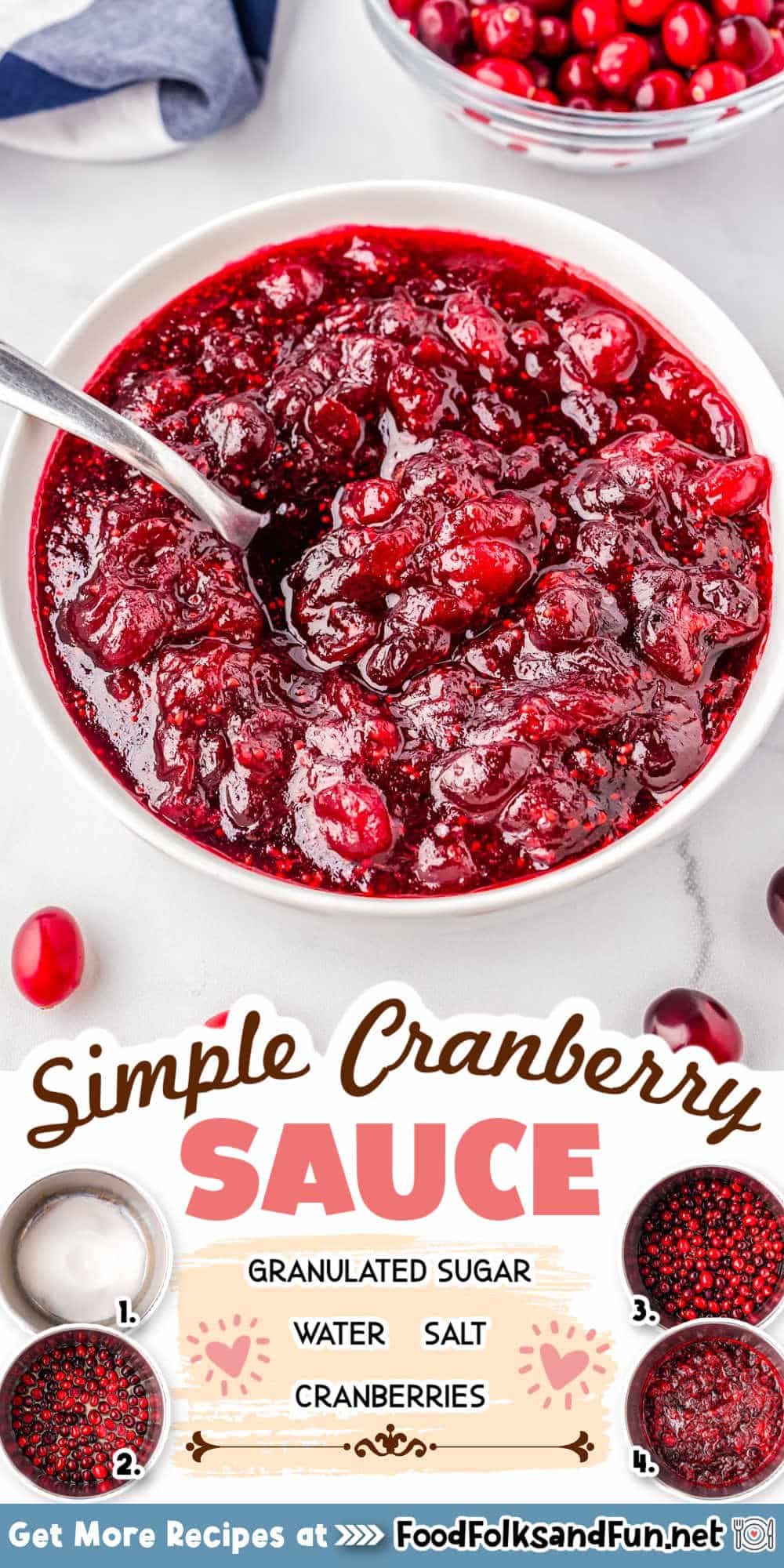 Thanksgiving isn't the same without some good old cranberry sauce! This Simple Cranberry Sauce recipe requires just four ingredients, making it a breeze even for novice cooks. via @foodfolksandfun