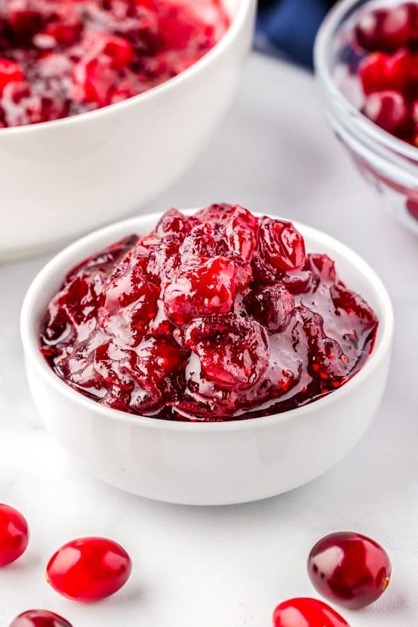 The finished cranberry sauce in a serving bowl.