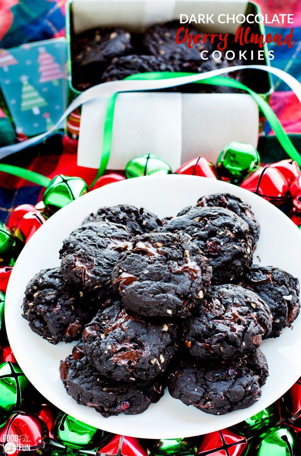 Chewy, fudgy Dark Chocolate Cherry Cookies with Almonds on a plate